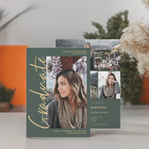 Script green emerald graduate photo graduation Invitation