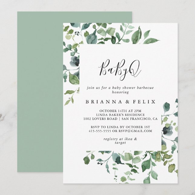 Script Green Foliage BabyQ Baby Shower Barbecue  Invitation (Front/Back)