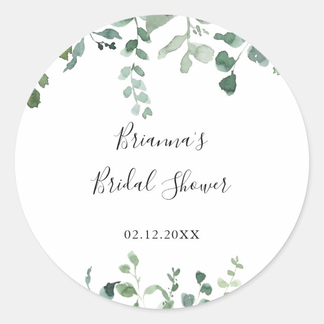 Script Green Foliage Bridal Shower Favour  Classic Round Sticker (Front)