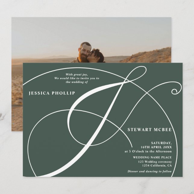 Script green photo calligraphy wedding invitation (Front/Back)