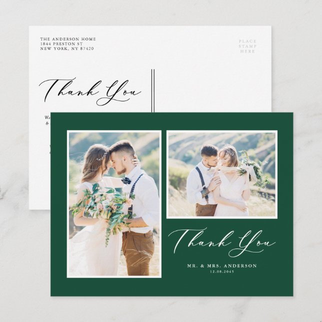 Script Green Two Photo Wedding Thank You Postcard (Front/Back)