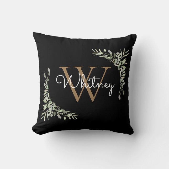 Script Greenery Floral Black Gold Initial Monogram Cushion (Front)