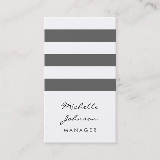 Script Grey White Stripes Pattern Business Card (Front)