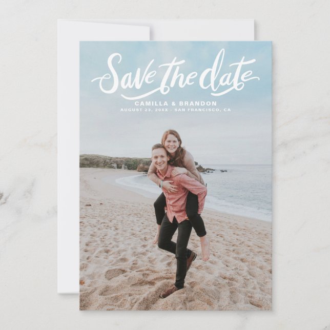 Script Hand Lettering Vertical Photo Save the Date Announcement (Front)