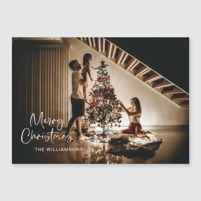 Script Handwriting Christmas Photo Magnetic Card (Front)