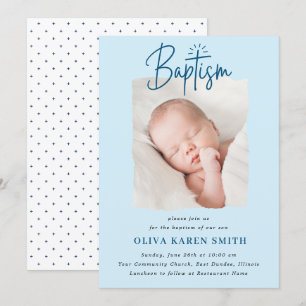 Script Handwritten Baptism Christening Photo Boy  Invitation