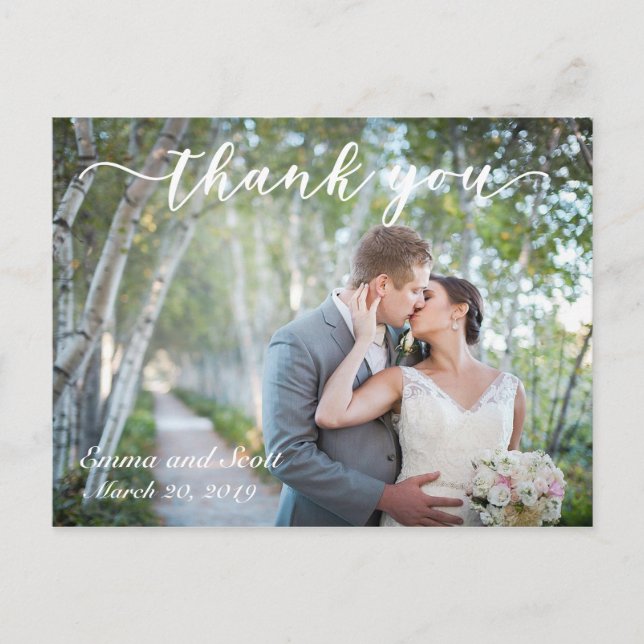 Script Handwritten Photo Wedding Thank You Card (Front)