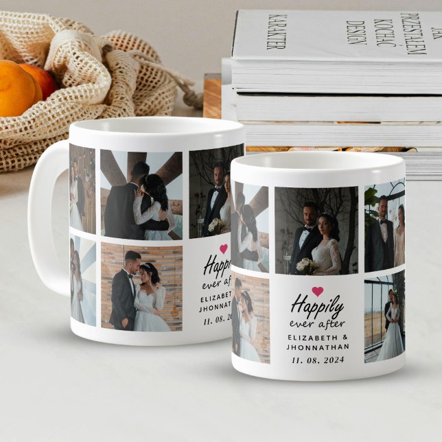 Script Happily Ever After Pink Heart Photo Collage Coffee Mug (Creator Uploaded)