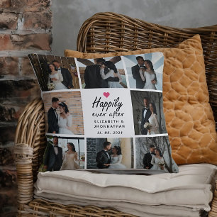 Script Happily Ever After Pink Heart Photo Collage Cushion