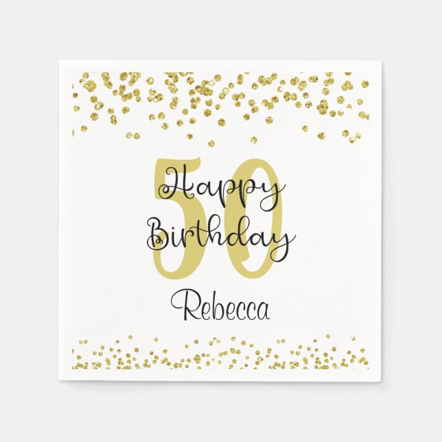 Script HAPPY 50th BIRTHDAY Name Gold Glitter Napkin (Front)