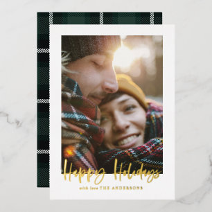 script happy holidays green tartan photo foil holiday card