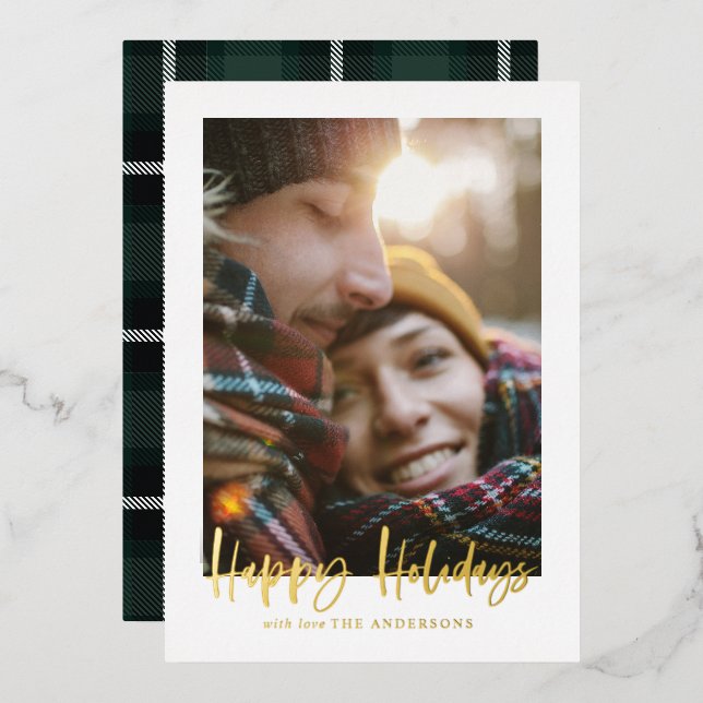  script happy holidays green tartan photo  foil holiday card (Front/Back)