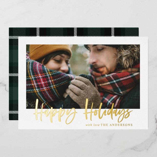 script happy holidays green tartan photo foil holiday card (Front/Back)