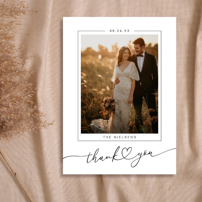 Script Heart 2 Photo Wedding Thank You Card (Shown on a 5" x 7" card)