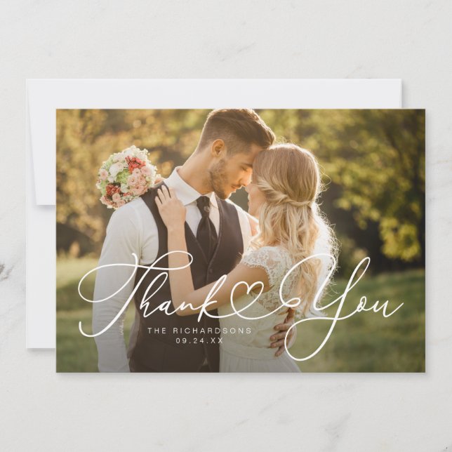 Script Heart 2 Photo Wedding Thank You Cards (Front)