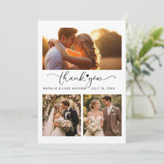 Script Heart 3 Photo Collage Wedding Thank You Car Card
