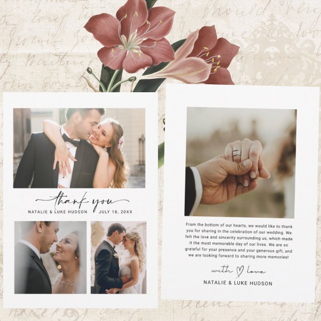 Script Heart 3 Photo Collage Wedding Thank You Card (Creator Uploaded)