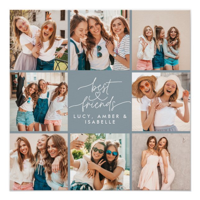 Script heart blue modern multi photo best friends poster (Front)