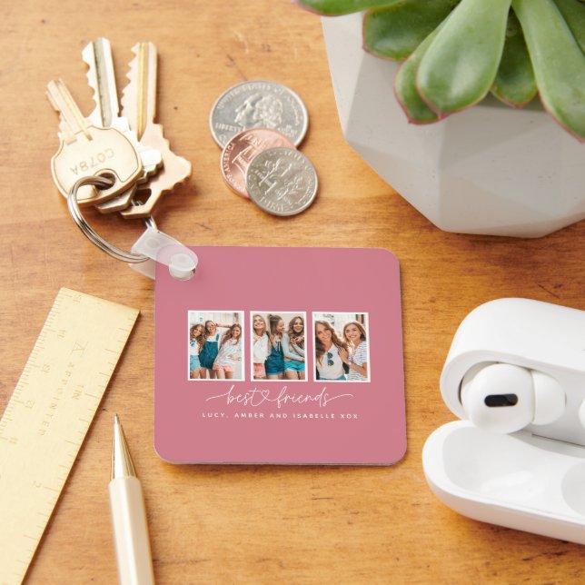 Script heart cute modern multi photo best friends key ring (Desk)