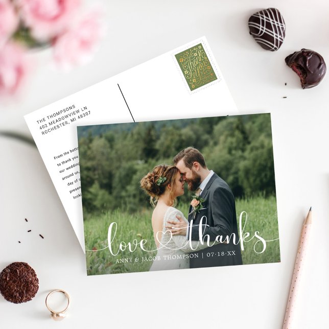 Script Heart Love Thanks Wedding Photo Postcard (Creator Uploaded)