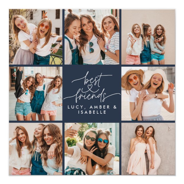 Script heart navy modern multi photo best friends poster (Front)