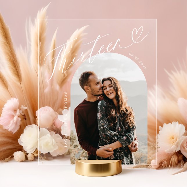 Script Heart Photo Wedding Table Number Thirteen Acrylic Sign (Script Heart Photo Wedding Table Number Thirteen Acrylic Sign)