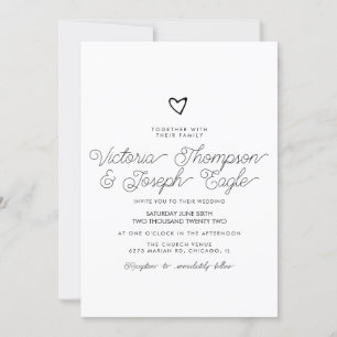Script Heart Slanted Black White Modern Wedding    Invitation