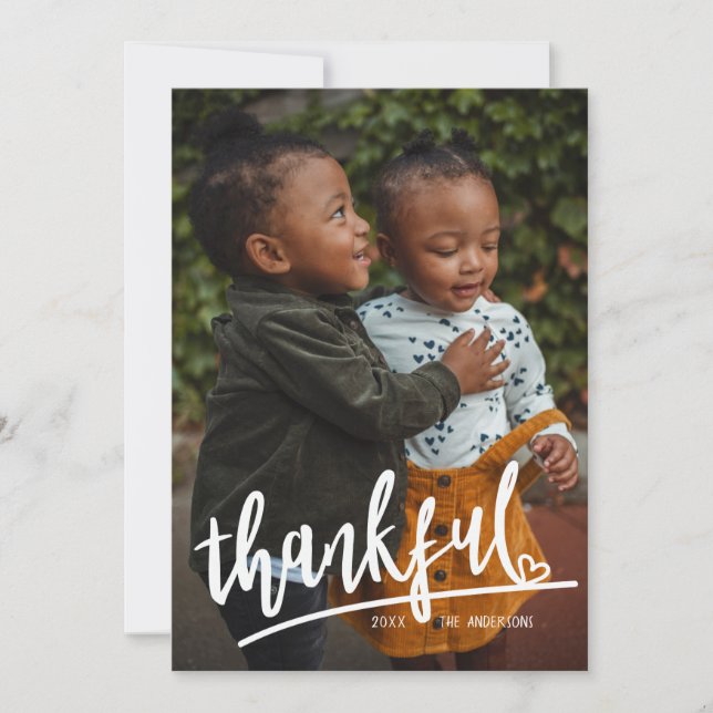 Script Heart Thankful Single Photo Thanksgiving Holiday Card (Front)