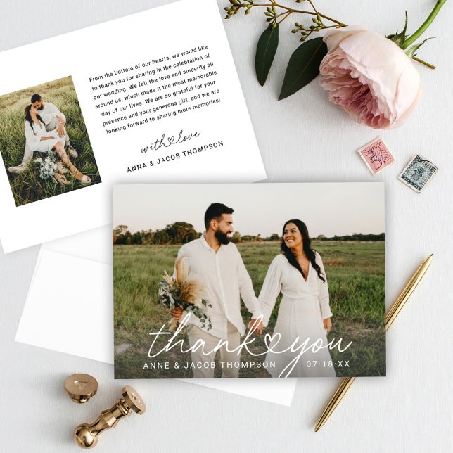 Script Heart Wedding Photo Thank You Card (Creator Uploaded)