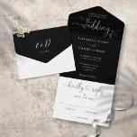 Script Hearts Black And White Minimalist Wedding All In One Invitation<br><div class="desc">All in one black and white wedding invitation featuring elegant hearts script typography and monogram initials. The invitation includes a perforated RSVP card that can be individually addressed or left blank for you to handwrite your guest's address details. Designed by Thisisnotme©</div>