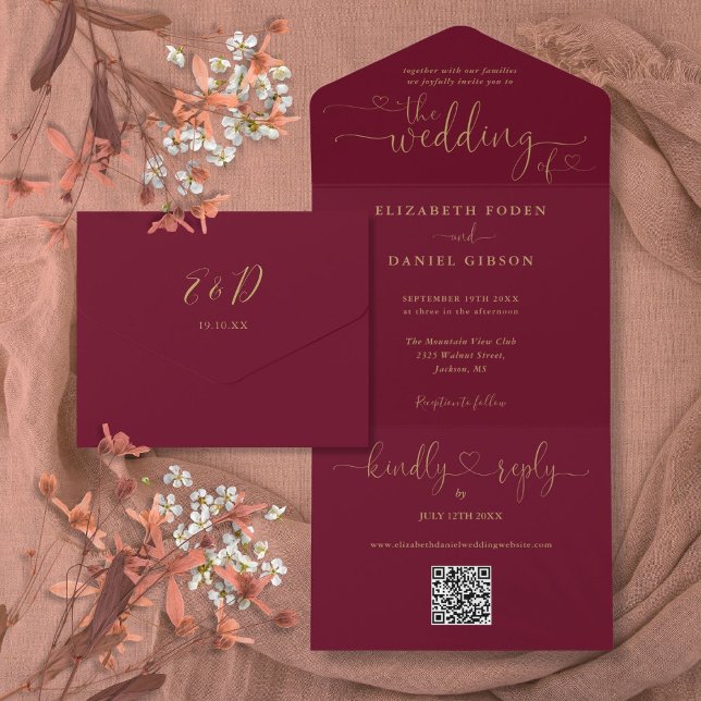Script Hearts Burgundy And Gold QR Code Wedding All In One Invitation (Script Hearts Burgundy And Gold QR Code Wedding All In One Invitation)