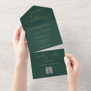 Script Hearts Emerald And Gold QR Code Wedding All In One Invitation