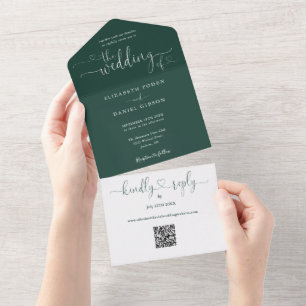 Script Hearts Emerald Green QR Code Wedding All In One Invitation