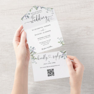 Script Hearts Floral Greenery QR Code Wedding All In One Invitation