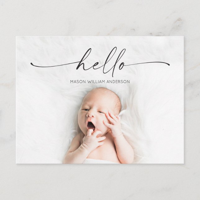 Script Hello Baby Birth Announcement Photo Postcard (Front)
