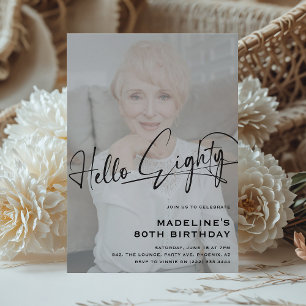 Script Hello Eighty Minimal Photo 80th Birthday Invitation