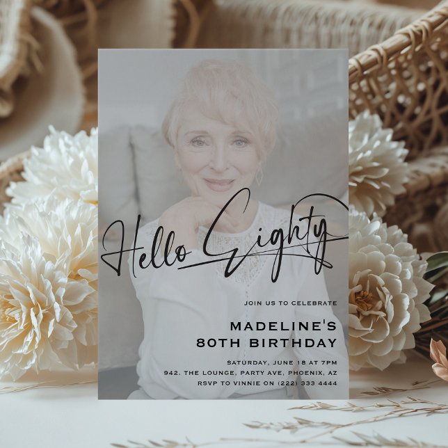 Script Hello Eighty Minimal Photo 80th Birthday Invitation (Creator Uploaded)