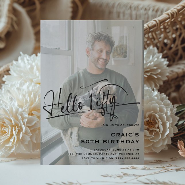 Script Hello Fifty Minimal Photo 50th Birthday Invitation (Creator Uploaded)