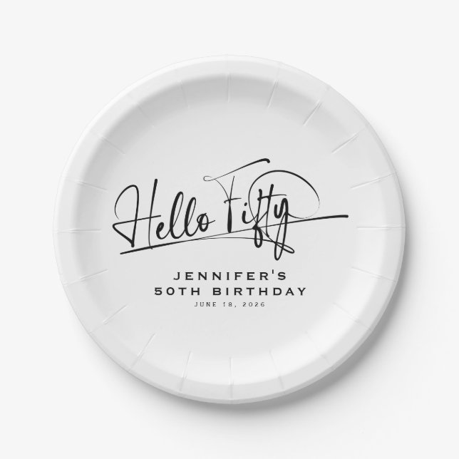 Script Hello Fifty Minimalist 50th Birthday Paper Plate (Front)