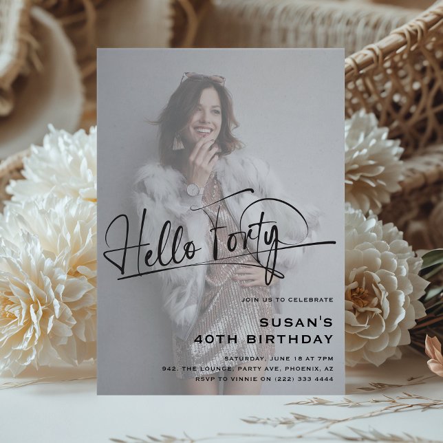 Script Hello Forty Minimal Photo 40th Birthday Invitation (Creator Uploaded)