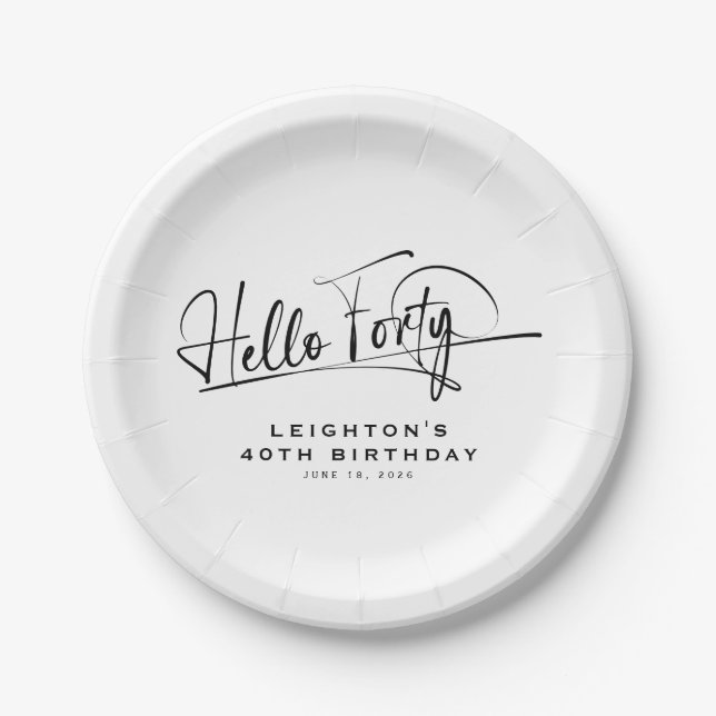 Script Hello Forty Minimalist 40th Birthday Paper Plate (Front)