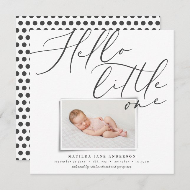 Script hello little one modern 1 photo typography  announcement (Front/Back)