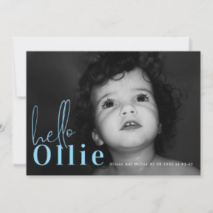 Script Hello Name Blue Boy Minimalist Photo Baby Announcement
