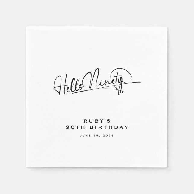 Script Hello Ninety Minimalist 90th Birthday Napkin (Front)
