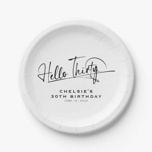 Script Hello Thirty Minimalist 30th Birthday Paper Plate (Front)