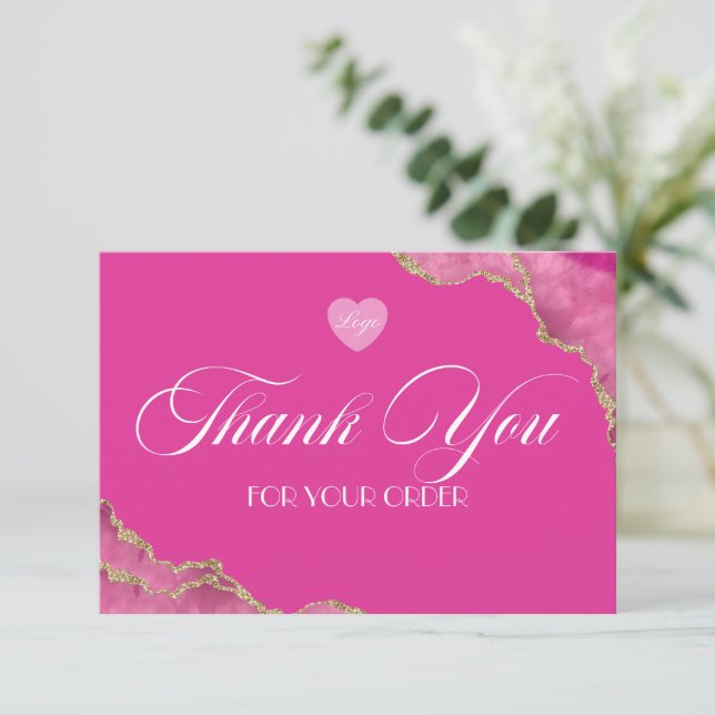 Script Hot Pink Marble Business Thank You Card (Standing Front)