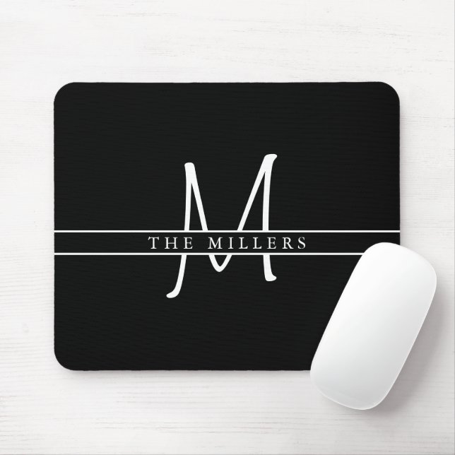 Script Initial Split Monogram, Personalized Black Mouse Mat (With Mouse)
