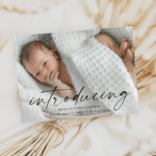 Script Introducing Baby Photo Thank You Postcard (Modern script introducing baby photo birth announcement thank you postcard.)