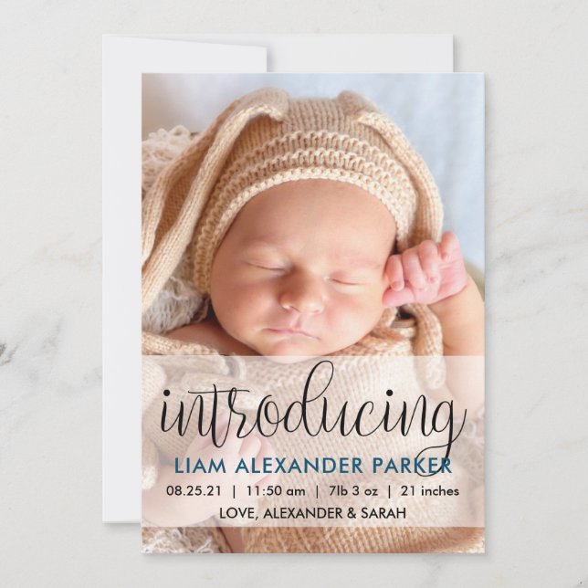 Script Introducing Dark Blue Baby Boy Photo Announcement (Front)