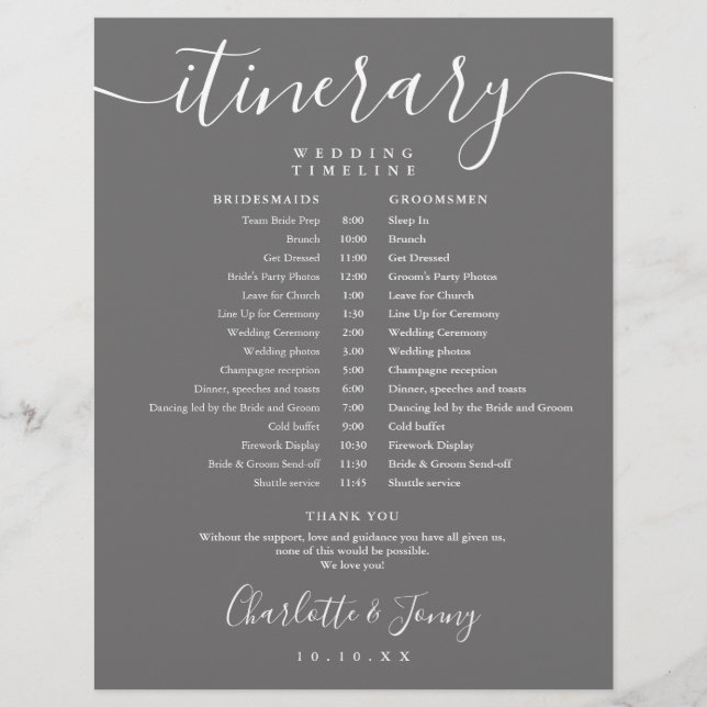 Script Itinerary Schedule Grey Wedding Timeline (Front)